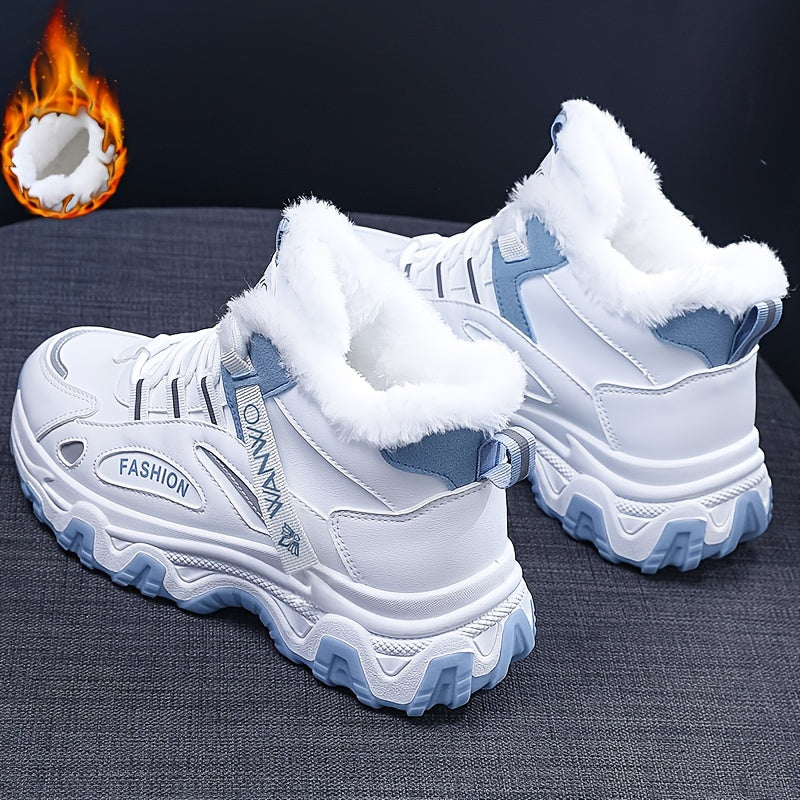 Women's Winter Plush Inner Comfortable High-top Sports Sneakers, Platform Lace-up Fashion Casual Chunky Sneakers For Outdoor