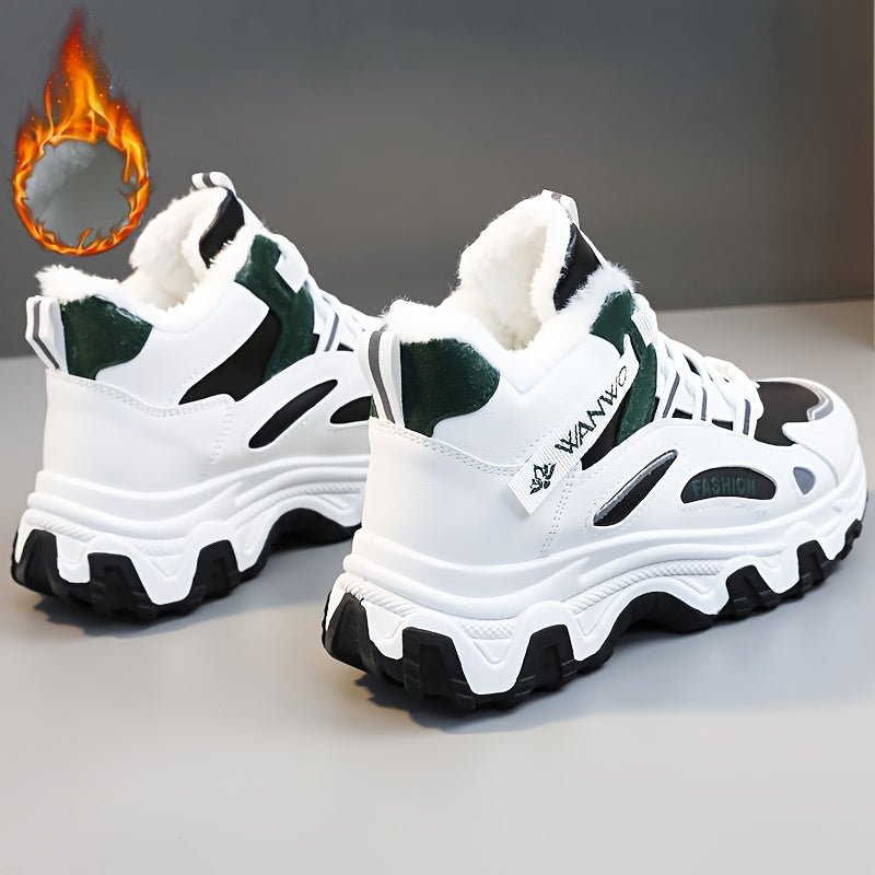 Women's Winter Plush Inner Comfortable High-top Sports Sneakers, Platform Lace-up Fashion Casual Chunky Sneakers For Outdoor