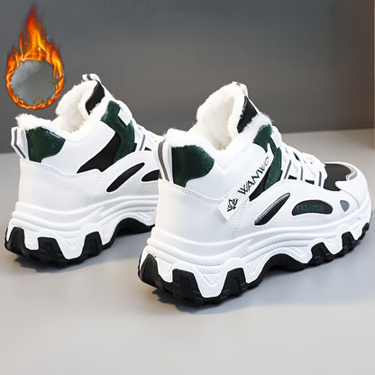 Women's Winter Plush Inner Comfortable High-top Sports Sneakers, Platform Lace-up Fashion Casual Chunky Sneakers For Outdoor