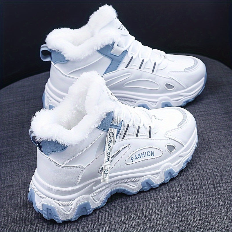 Women's Winter Plush Inner Comfortable High-top Sports Sneakers, Platform Lace-up Fashion Casual Chunky Sneakers For Outdoor