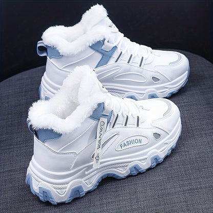 Women's Winter Plush Inner Comfortable High-top Sports Sneakers, Platform Lace-up Fashion Casual Chunky Sneakers For Outdoor