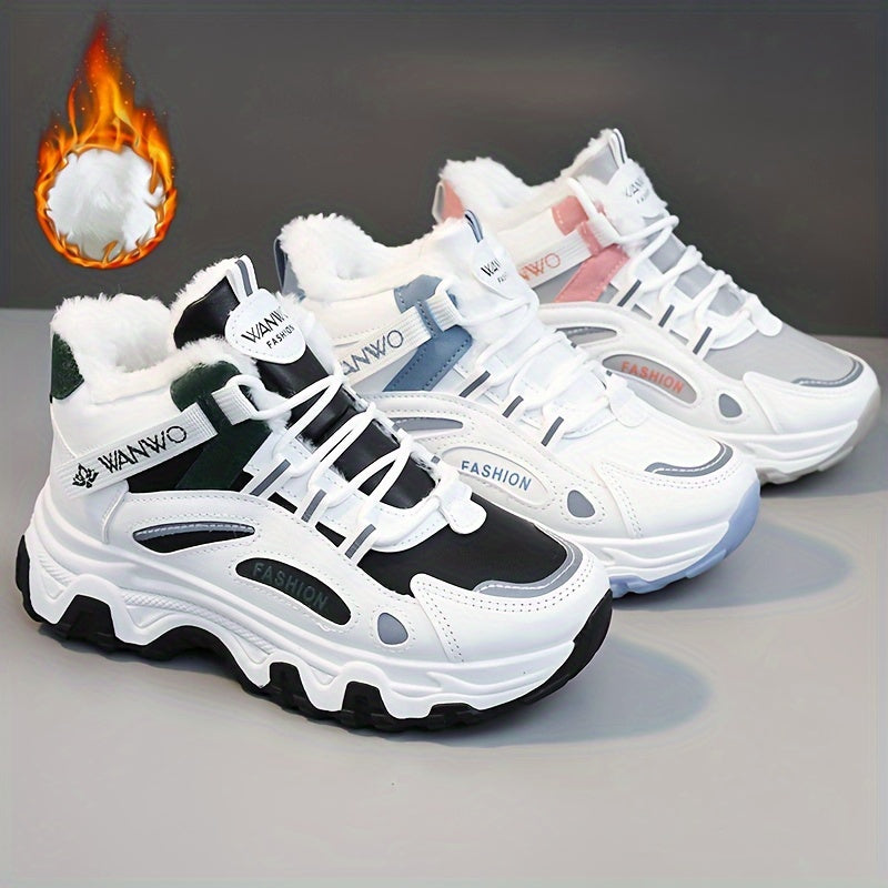 Women's Winter Plush Inner Comfortable High-top Sports Sneakers, Platform Lace-up Fashion Casual Chunky Sneakers For Outdoor