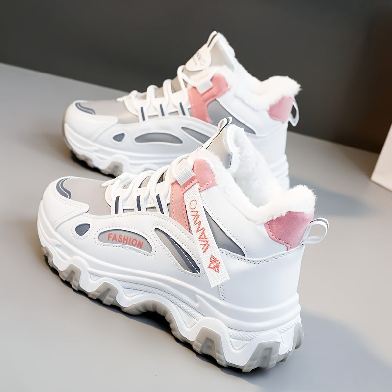 Women's Winter Plush Inner Comfortable High-top Sports Sneakers, Platform Lace-up Fashion Casual Chunky Sneakers For Outdoor