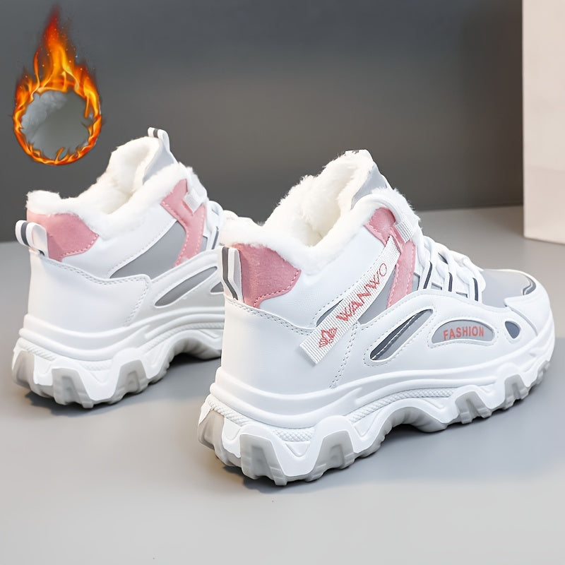 Women's Winter Plush Inner Comfortable High-top Sports Sneakers, Platform Lace-up Fashion Casual Chunky Sneakers For Outdoor