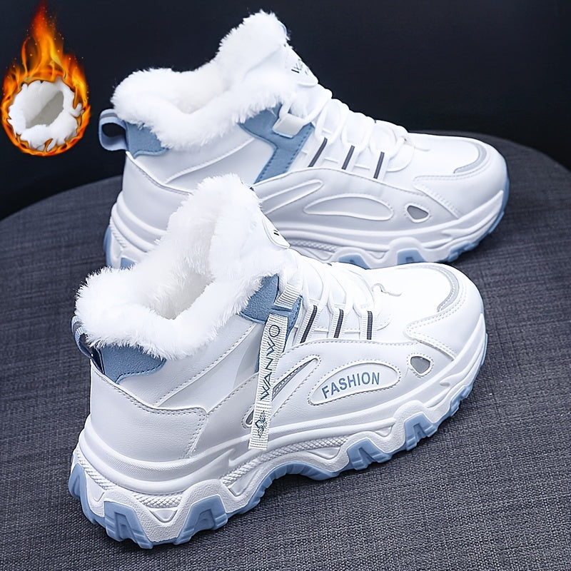 Women's Winter Plush Inner Comfortable High-top Sports Sneakers, Platform Lace-up Fashion Casual Chunky Sneakers For Outdoor