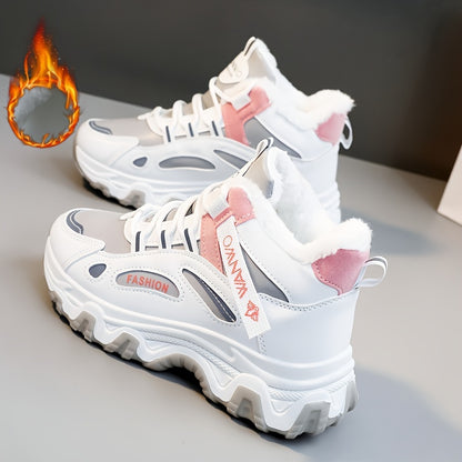 Women's Winter Plush Inner Comfortable High-top Sports Sneakers, Platform Lace-up Fashion Casual Chunky Sneakers For Outdoor