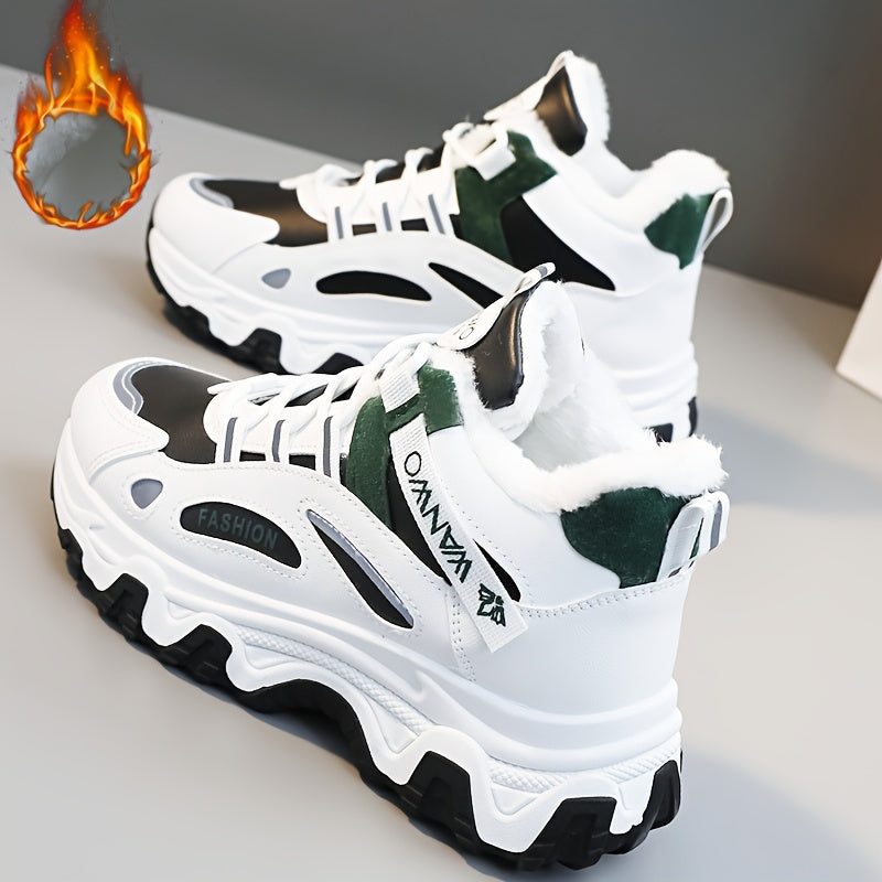 Women's Winter Plush Inner Comfortable High-top Sports Sneakers, Platform Lace-up Fashion Casual Chunky Sneakers For Outdoor