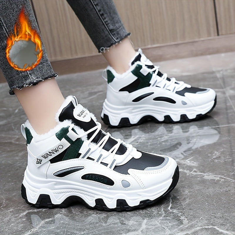 Women's Winter Plush Inner Comfortable High-top Sports Sneakers, Platform Lace-up Fashion Casual Chunky Sneakers For Outdoor