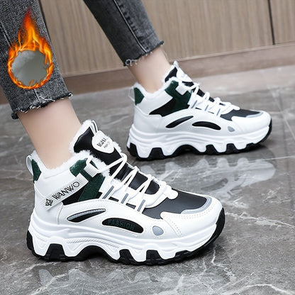 Women's Winter Plush Inner Comfortable High-top Sports Sneakers, Platform Lace-up Fashion Casual Chunky Sneakers For Outdoor