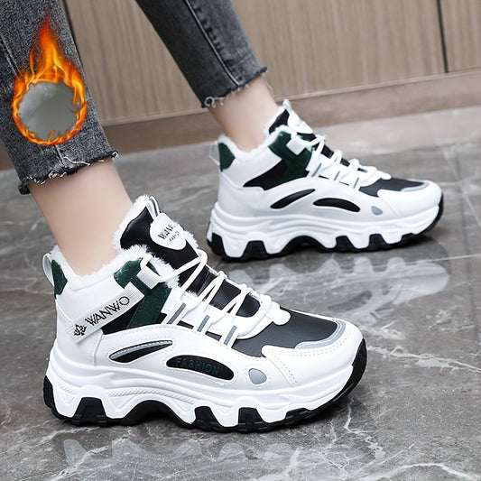 Women's Winter Plush Inner Comfortable High-top Sports Sneakers, Platform Lace-up Fashion Casual Chunky Sneakers For Outdoor