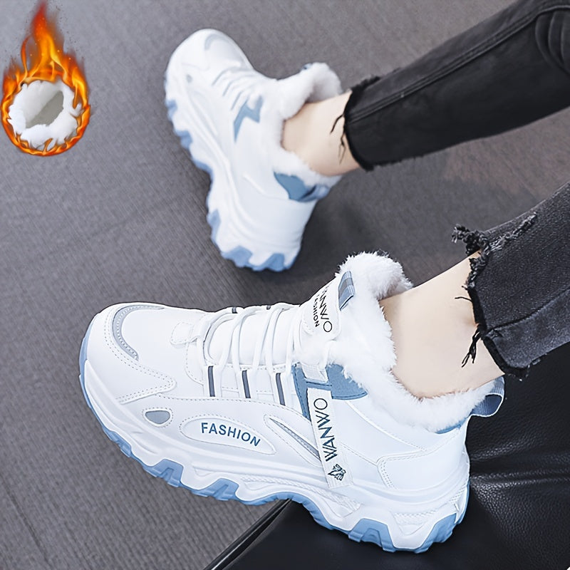 Women's Winter Plush Inner Comfortable High-top Sports Sneakers, Platform Lace-up Fashion Casual Chunky Sneakers For Outdoor