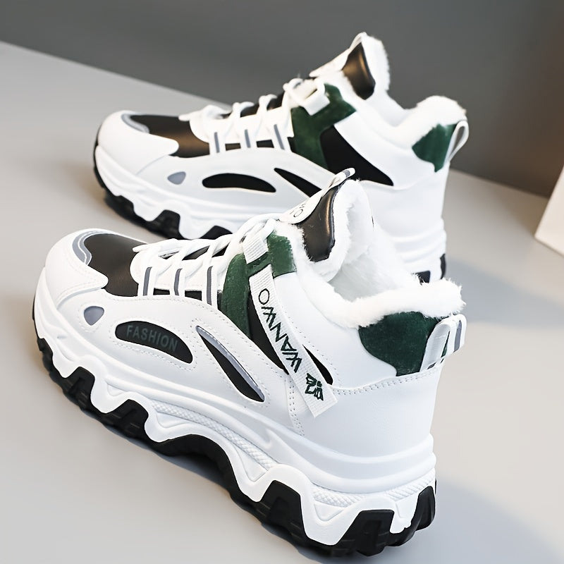 Women's Winter Plush Inner Comfortable High-top Sports Sneakers, Platform Lace-up Fashion Casual Chunky Sneakers For Outdoor