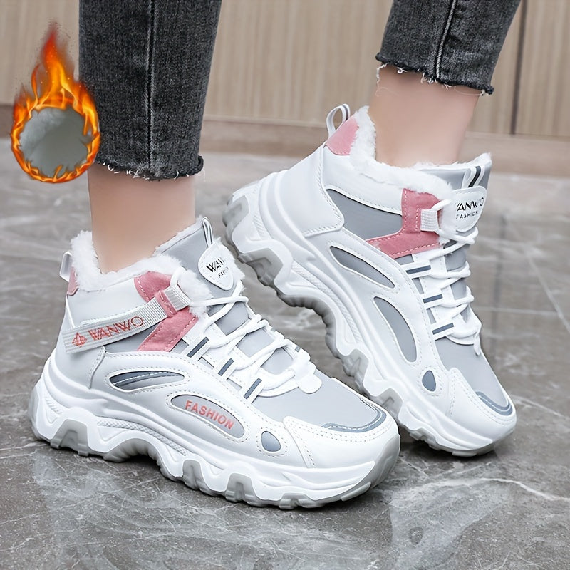 Women's Winter Plush Inner Comfortable High-top Sports Sneakers, Platform Lace-up Fashion Casual Chunky Sneakers For Outdoor